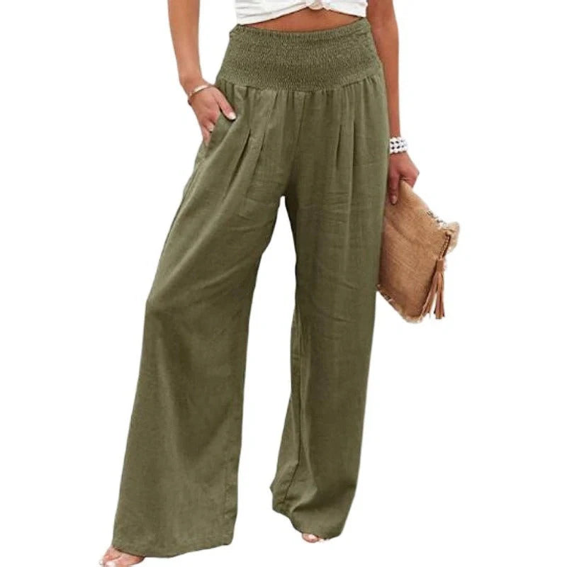 Women's wide leg casual pants in cotton linen blend, available in multiple colors