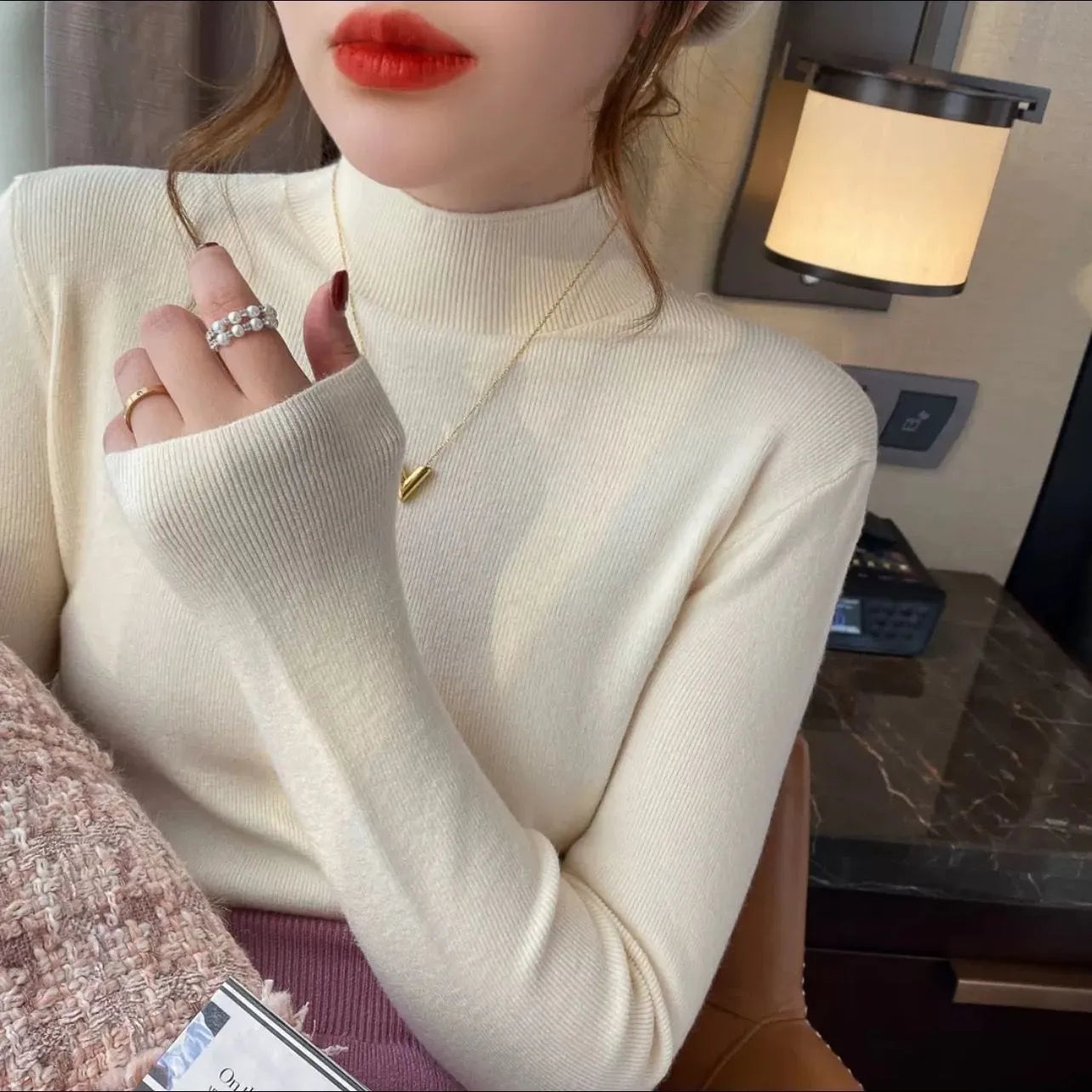 Slim fit long sleeve viscose shirt in Apricot colour with 50cm length and regular sleeves for layering