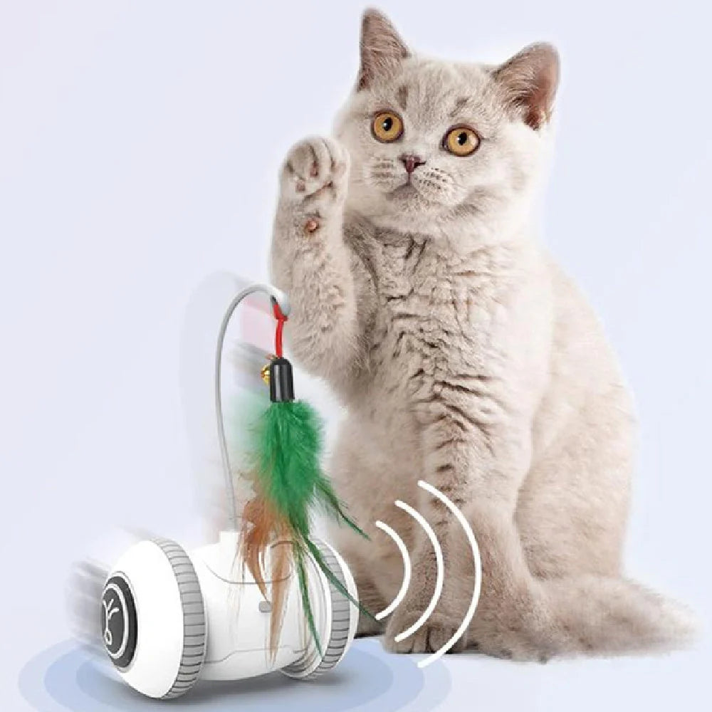 Interactive robotic cat toy with feather and plush chick heads for endless feline entertainment