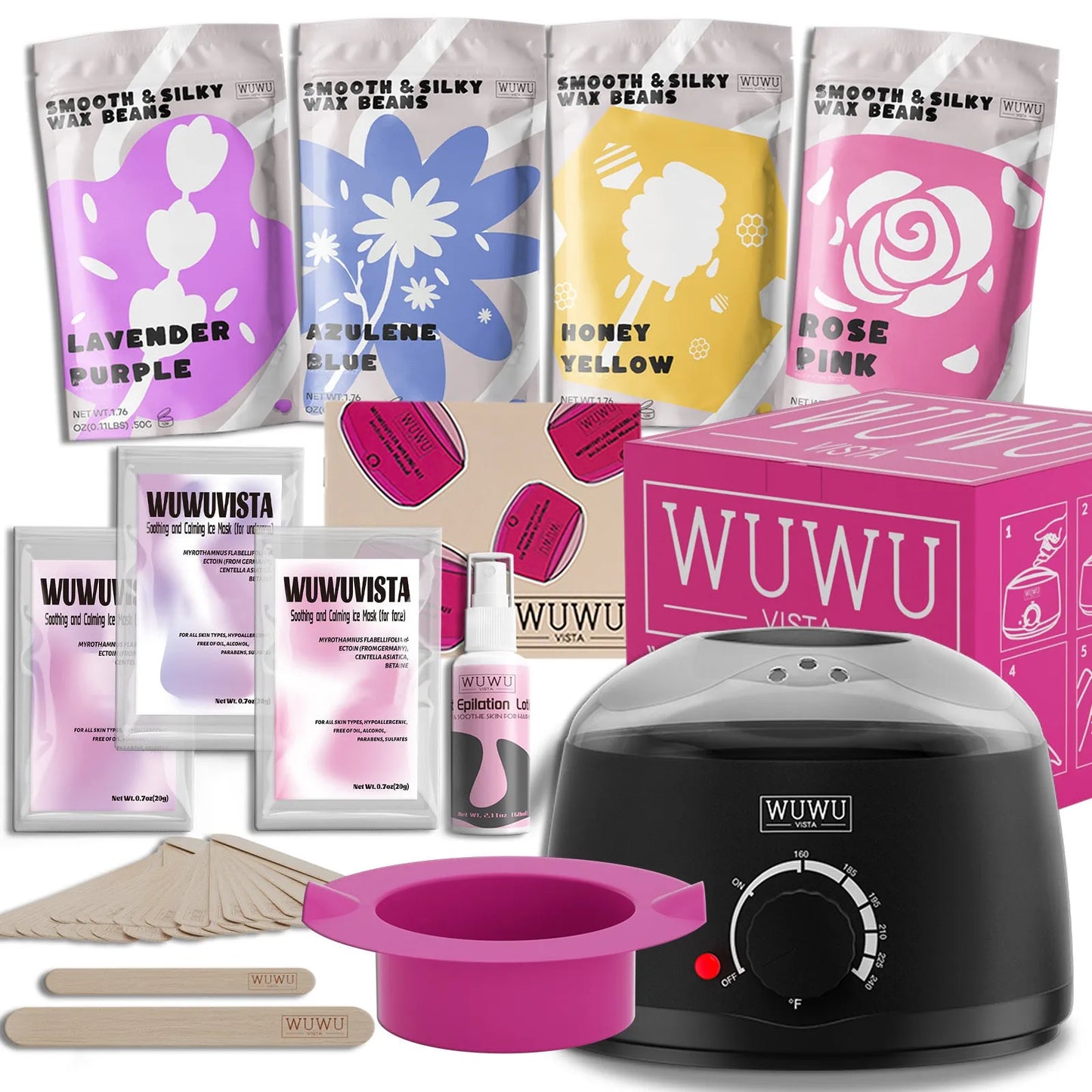 Waxing gift set with 200ml warmer, 4 wax beads, 20 sticks, aftercare lotion and ice masks for hair removal