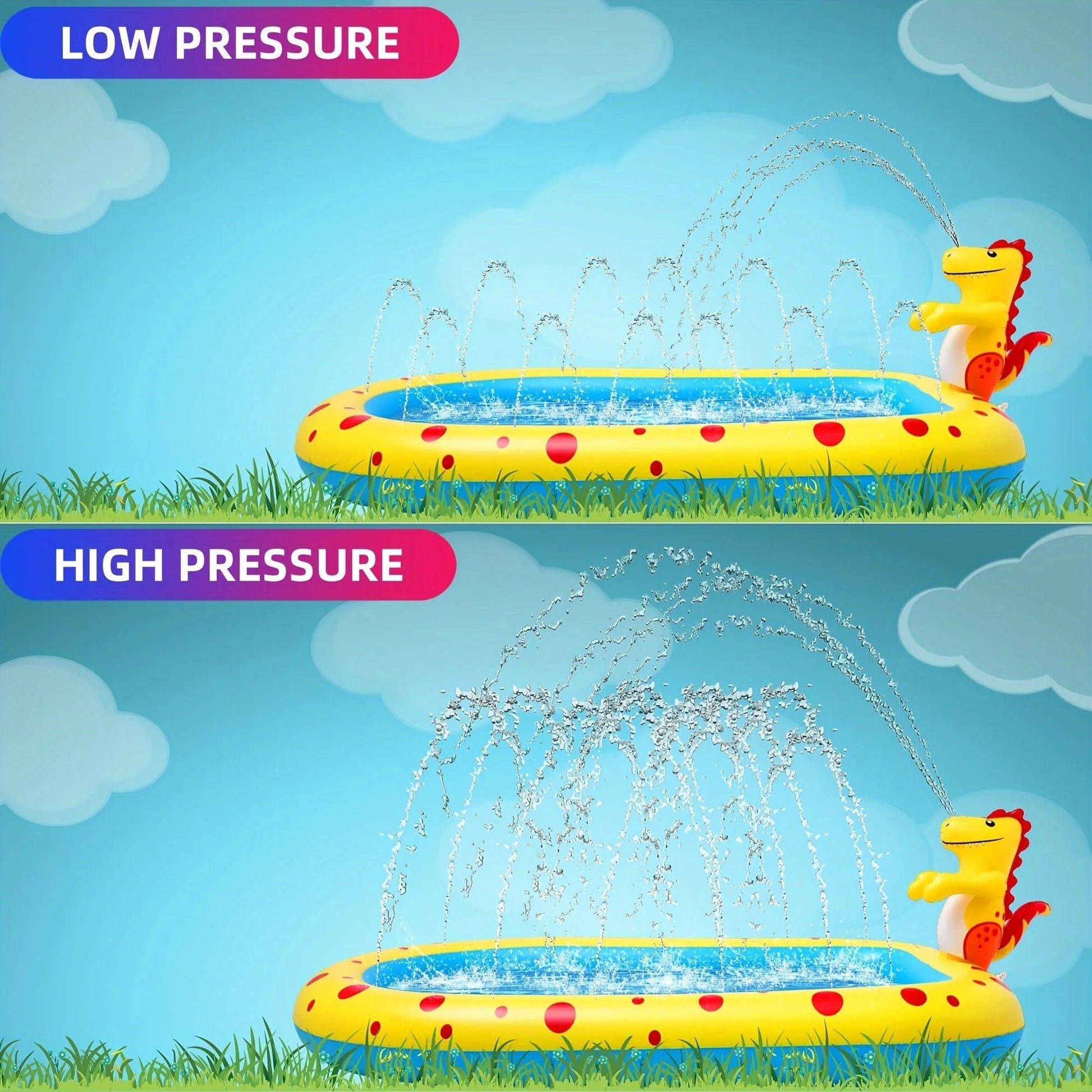 Blue dinosaur inflatable water spray pool measuring 170cm long for children's outdoor play