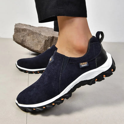 Men's round head shallow mouth thin slip-on shoes in black, blue, gray, green, and light brown on a white background.