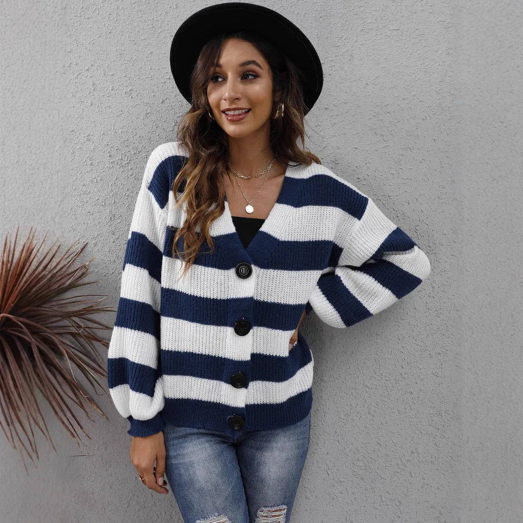 Women's deer plush cardigan with striped pattern and button stitching in blue colour