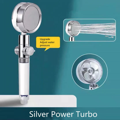 High-performance water-saving shower head with 360-degree rotation and fan feature, offering a luxurious shower experience