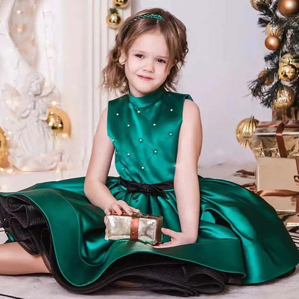 Green pettiskirt princess dress for girls with seven height sizes from 100cm to 160cm, polyester fabric