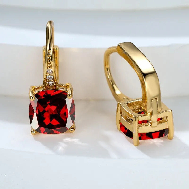 Square zircon inlaid ear hook earrings with geometric design and electroplated finish in golden tone
