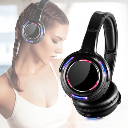 Black silent disco wireless headphones with head-mounted design showing 40mm drivers and 3.5mm plug connection