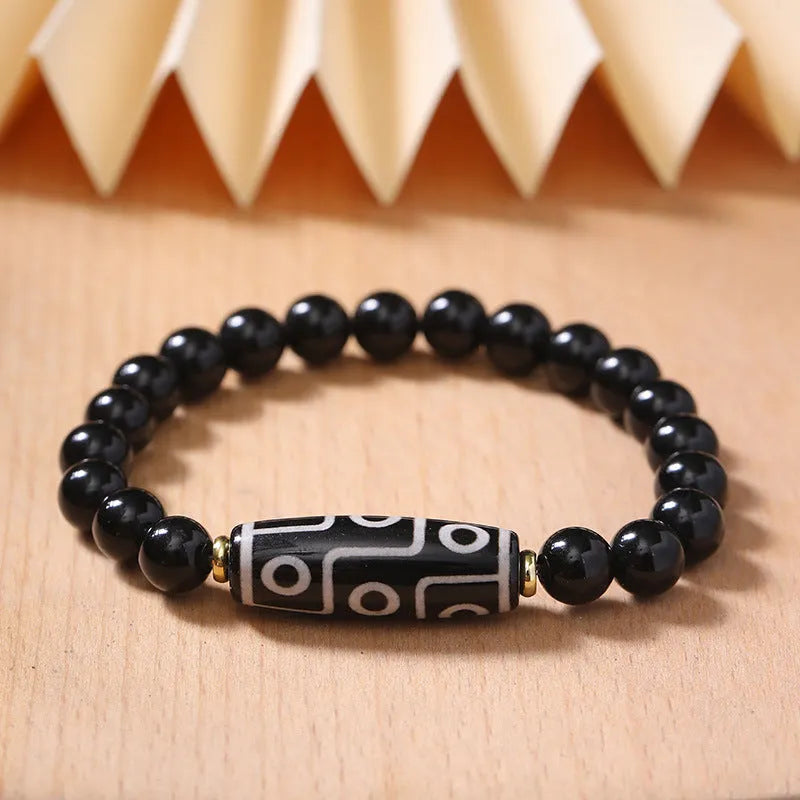 Agate Obsidian Dzi Bead Bracelet Unisex Ethnic Tibetan Style Handcrafted Original Design Couple Wear Spiritual Protection Beaded Wrist Accessory