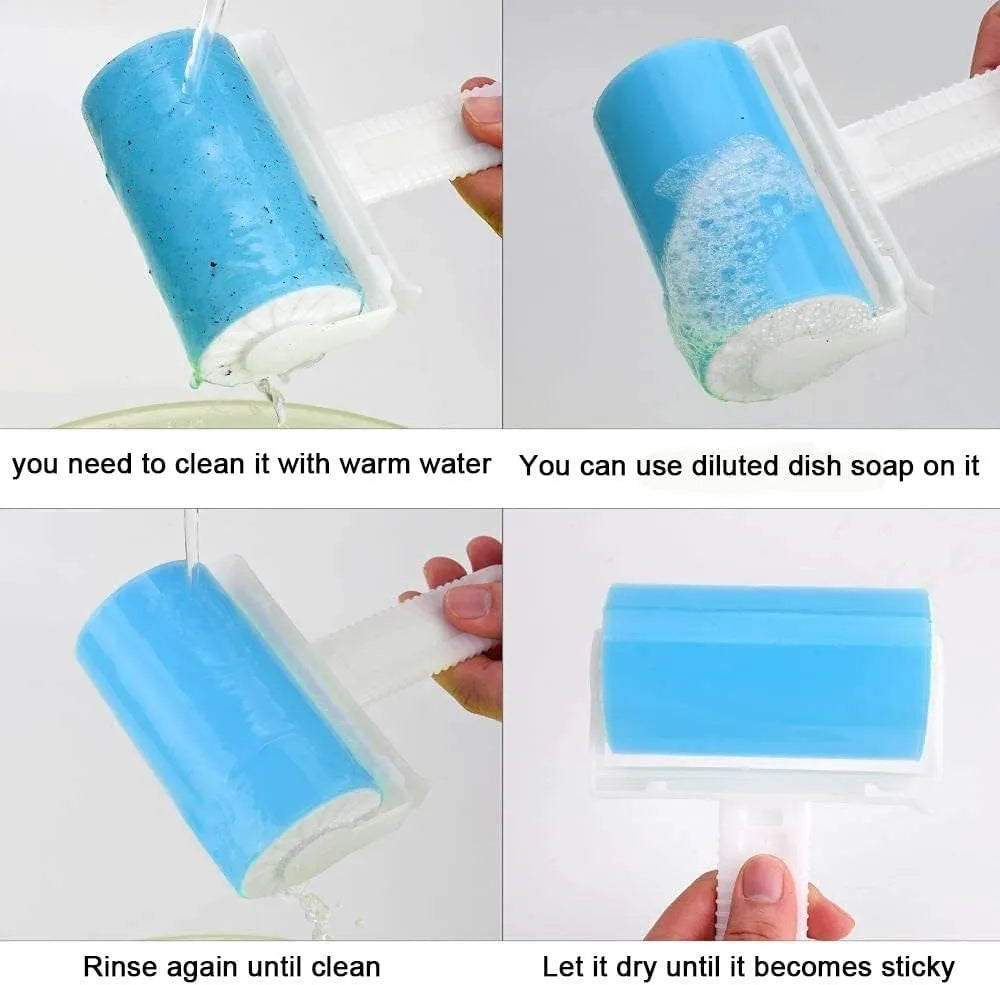 Washable lint roller in blue, green, pink, or yellow with reusable adhesive for pet hair removal