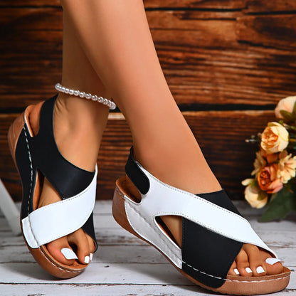 Women's summer wedges sandals with colorblock cross-strap design and thick rubber sole