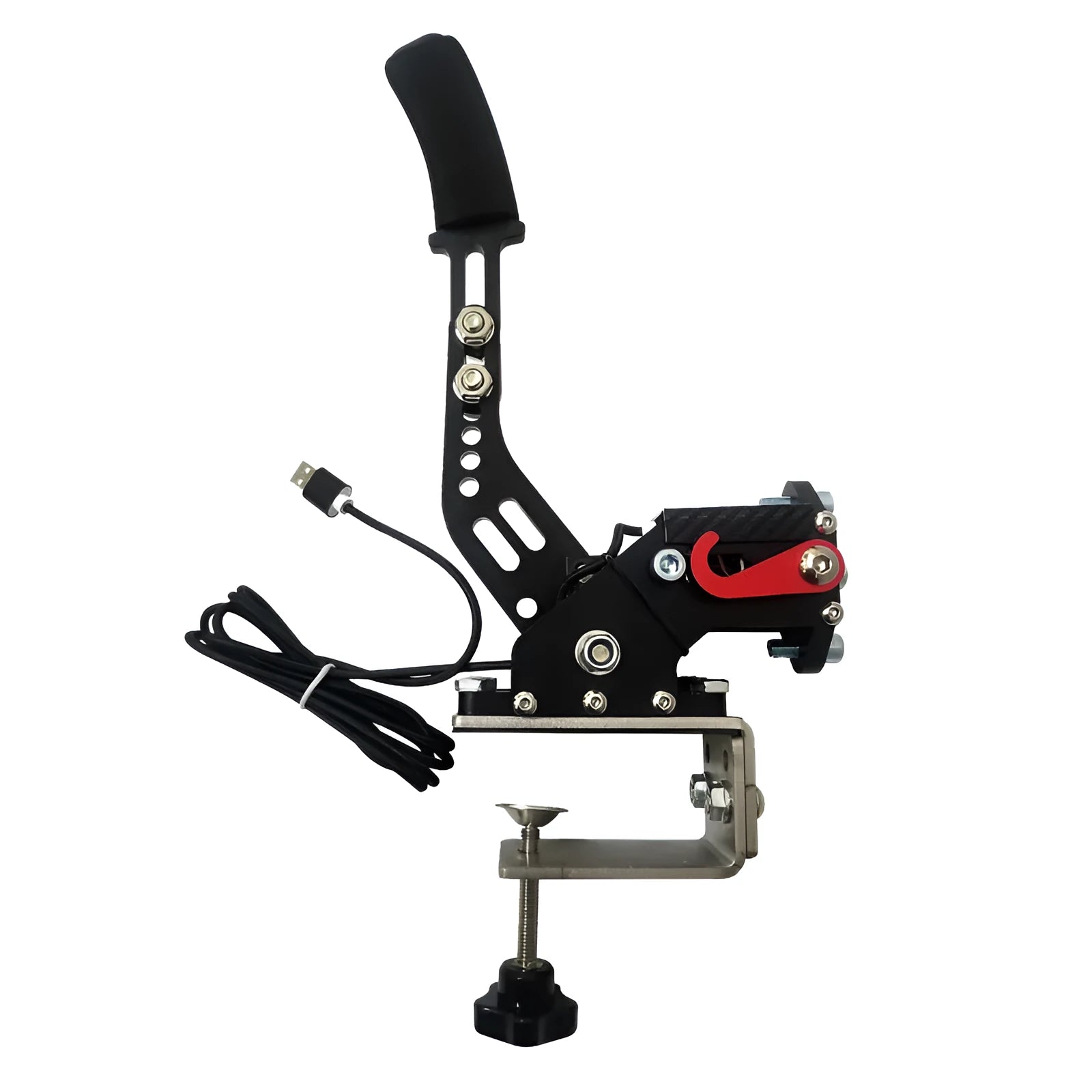 Black USB handbrake controller for PC racing games with a metal mounting clamp.