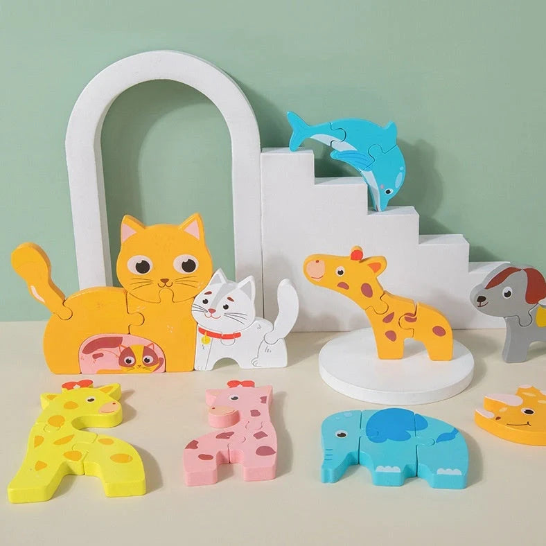 Children assembling wooden 3D puzzle model of dolphin family with 20-30cm dimensions