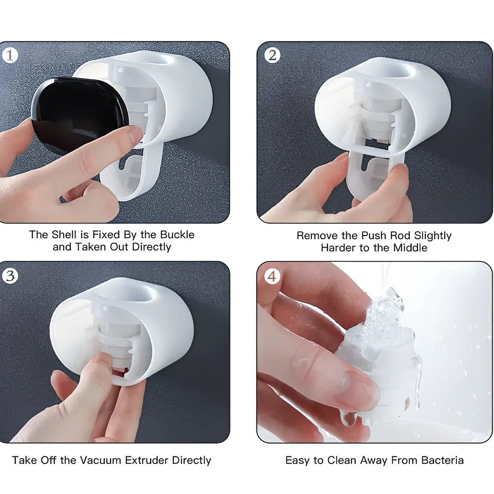 Black wall mounted automatic toothpaste dispenser with squeeze mechanism and dustproof toothbrush storage