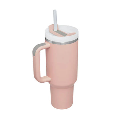 40 oz stainless steel insulated tumbler with handle and straw in tapered mug design