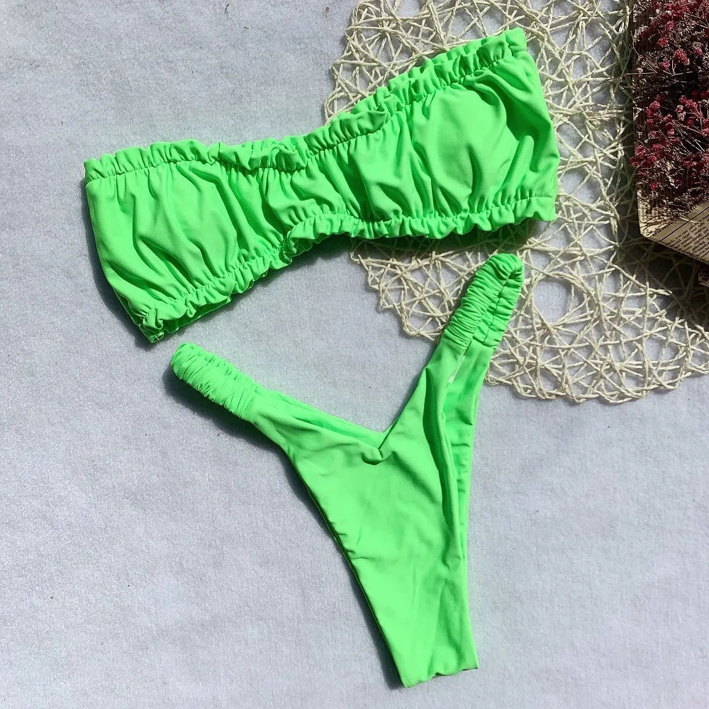 Women's high waist bikini swimsuit with split chest pad in quick-drying nylon fabric