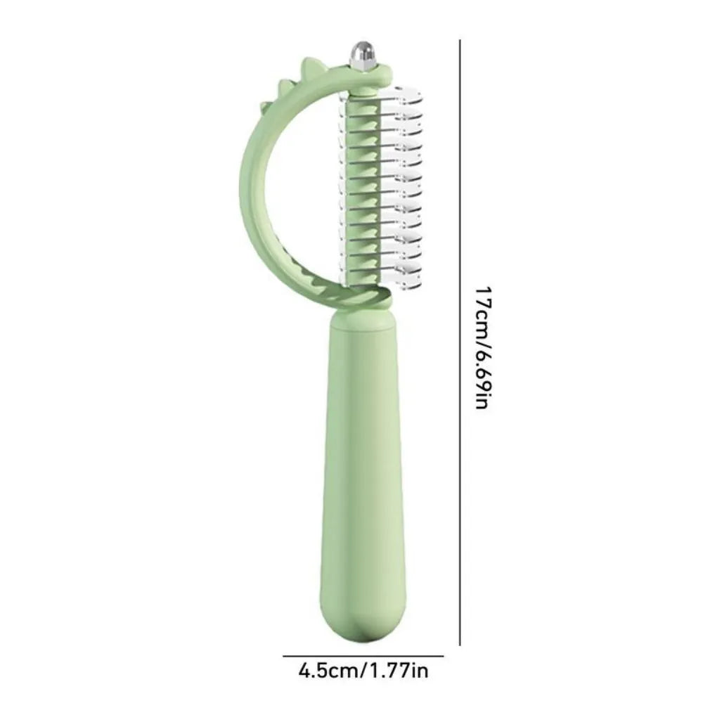 Blue dinosaur-shaped self-cleaning slicker brush for pet grooming on white background