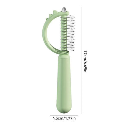Blue dinosaur-shaped self-cleaning slicker brush for pet grooming on white background
