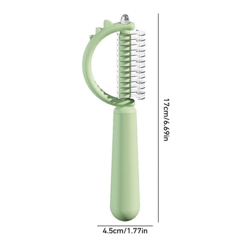 Cat brush self-cleaning slicker pet grooming tool with cute dinosaur shape double-sided use for shedding and dematting undercoat 17cm long stainless steel pins PP plastic available in blue green white
