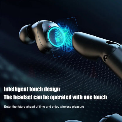 Black Bluetooth gaming headset with charging box and mobile phone charging functionality