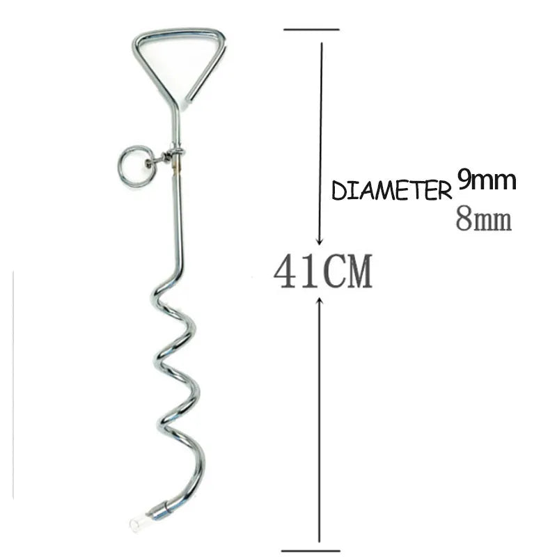 Dog tie out stake silver spiral anchor stake secure outdoor tethering for cable leash chain medium 8mm x 40cm durable steel rust resistant easy installation camping yard heavy duty ground screw