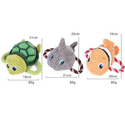 Turtle-shaped plush dog toy with knotted rope core in green colour