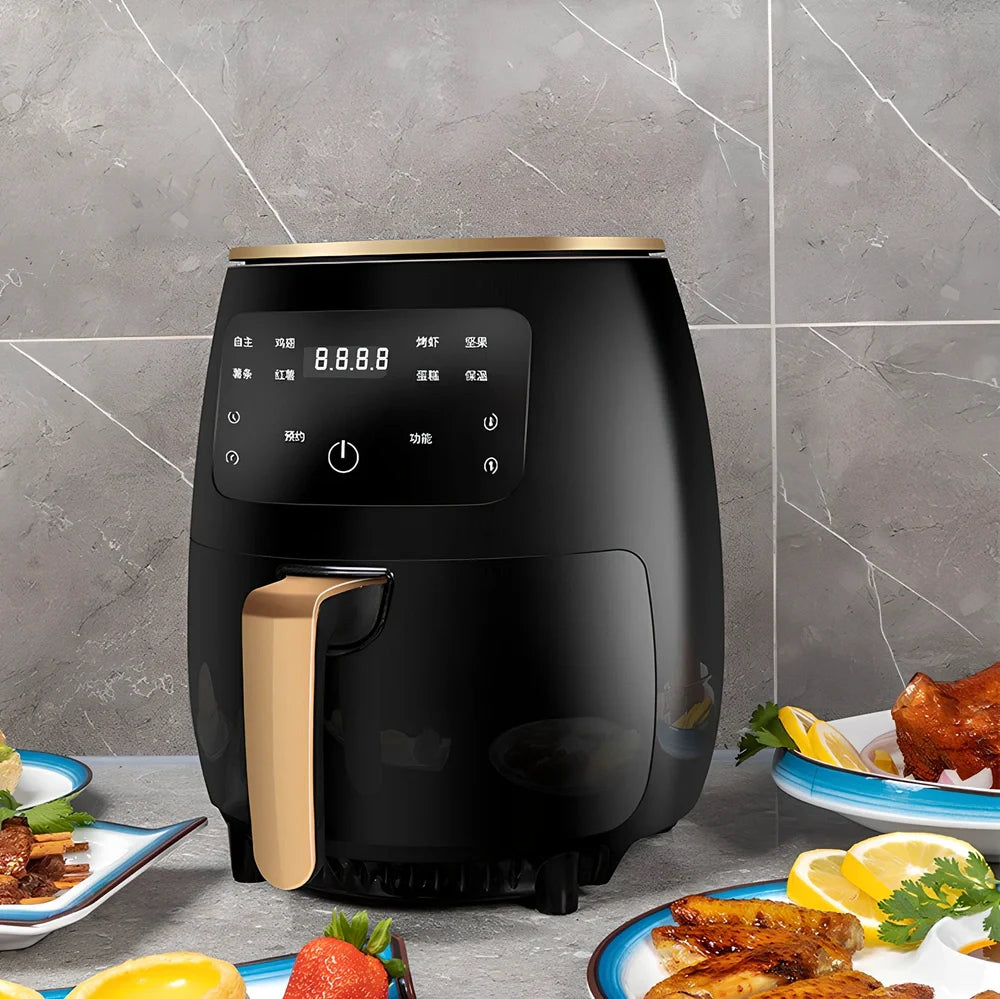 Black smart touch air fryer with stainless steel body and digital control panel showing cooking settings