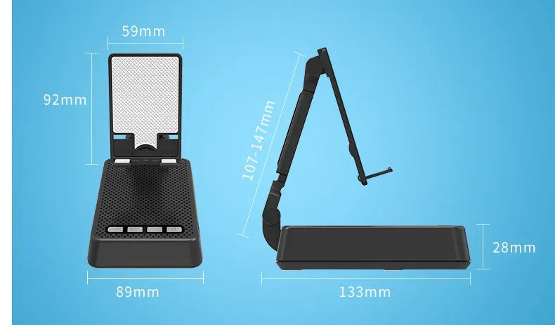 Black mobile phone broadcasting stand with Bluetooth speaker and HD microphone on desk