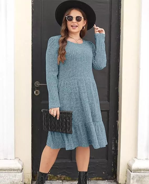 Solid color round neck knitted dress sweater in various colors and sizes