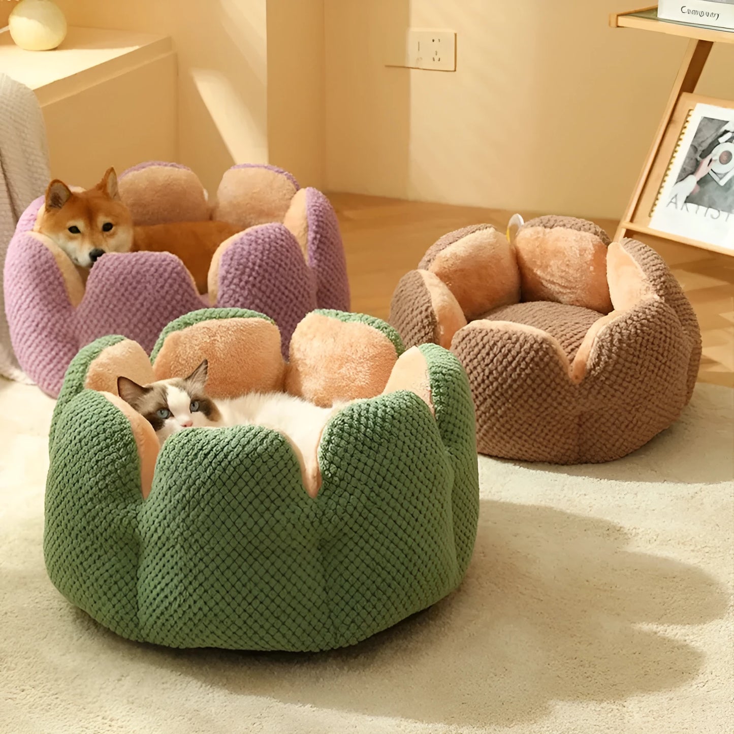 Green cactus petal shape pet bed for cats and dogs on a hardwood floor.