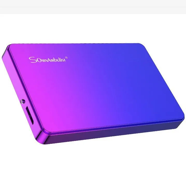 Purple 1TB external mobile hard drive, plastic shell, 12cm x 7.5cm x 1cm, with data cable and packing box