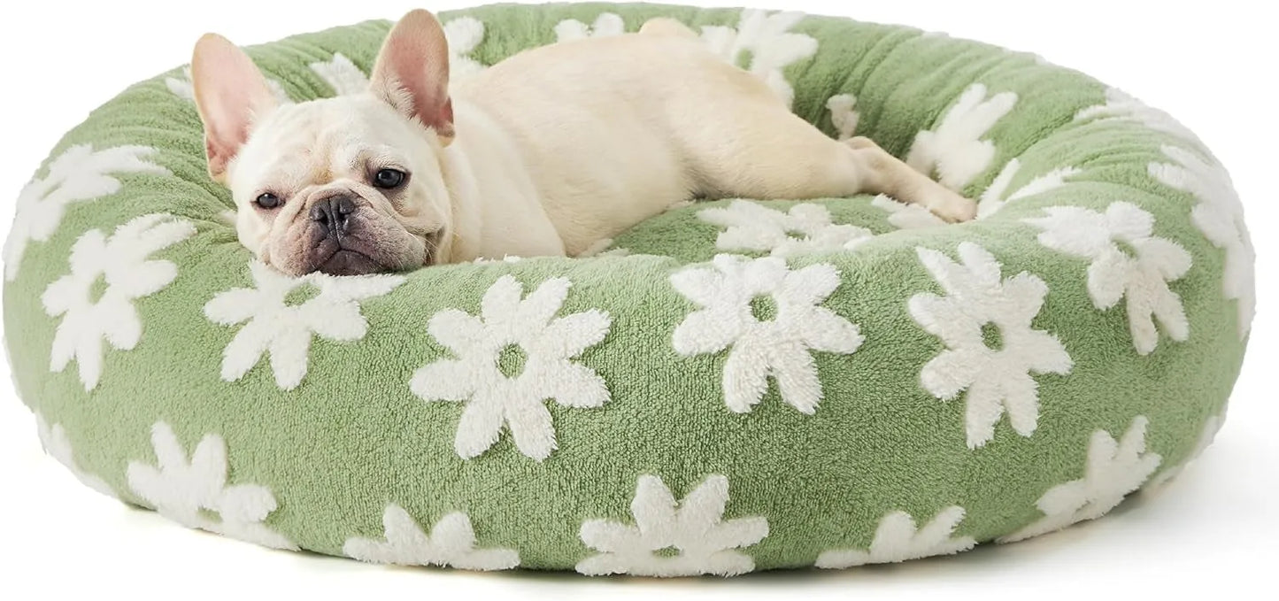 Round blue and white plaid pet bed with plastic frame and fleece cover for dogs