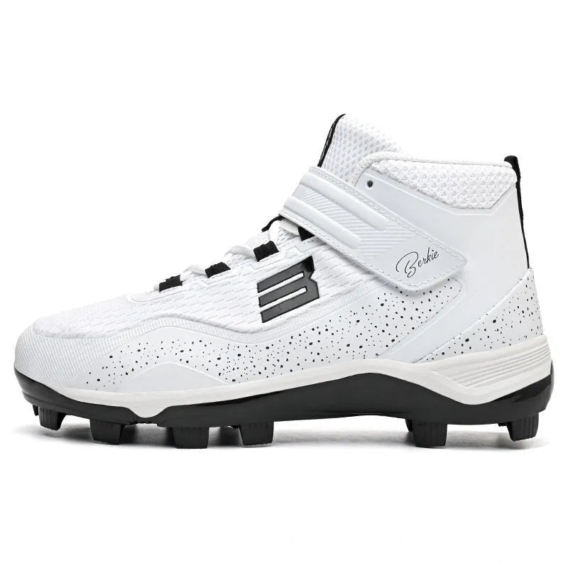 Black and white mid-top sneakers with Velcro closure and rubber soles for softball training