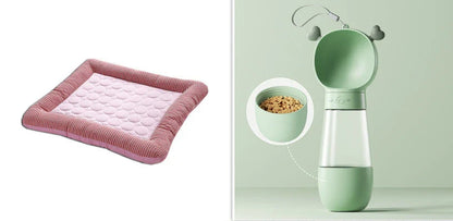 A plush, breathable cooling pet bed in blue and red colors, designed to keep dogs and cats comfortable in the summer heat.