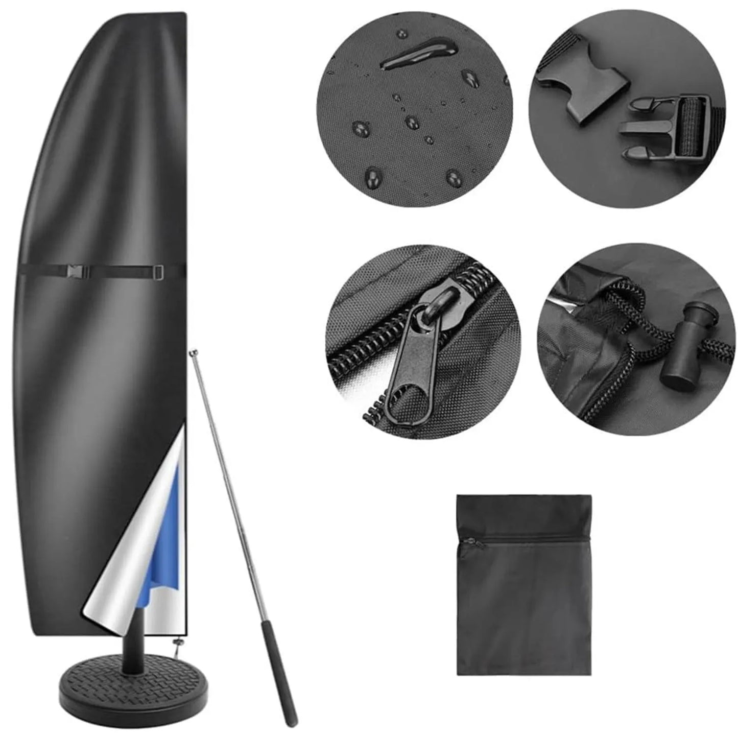 Black waterproof banana-shaped offset umbrella cover for garden furniture.