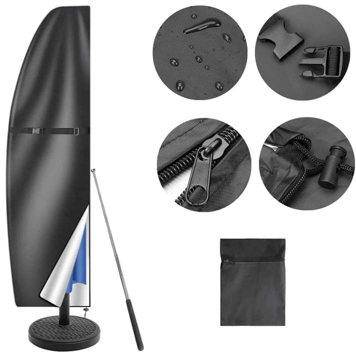 Black waterproof banana-shaped offset umbrella cover for garden furniture.