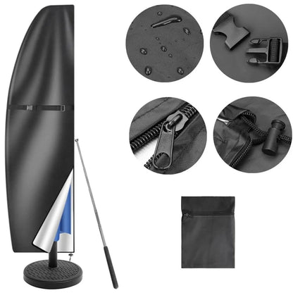 Black waterproof banana-shaped offset umbrella cover for garden furniture.