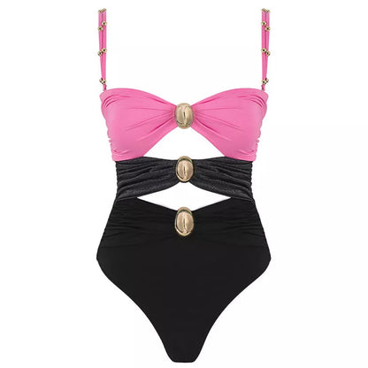 Women's one-piece swimsuit with round buckle decoration and hollow out stitching in various colors