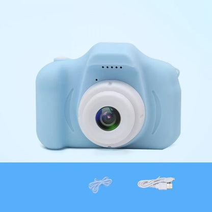 Colourful kids digital camera with silicone case showing 2-inch screen and lens.