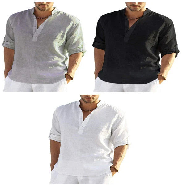 Premium cotton-linen casual shirt with stand collar, long sleeves, and button-down closure