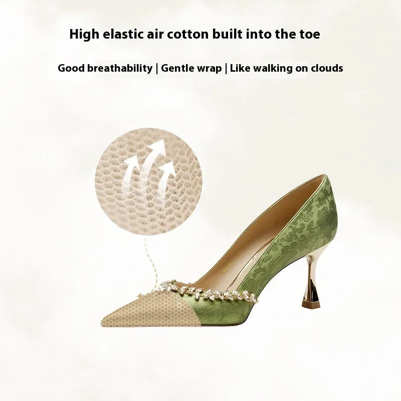 Chinese style wedding shoes with satin upper, rhinestone decoration and slip-on closure in champagne colour