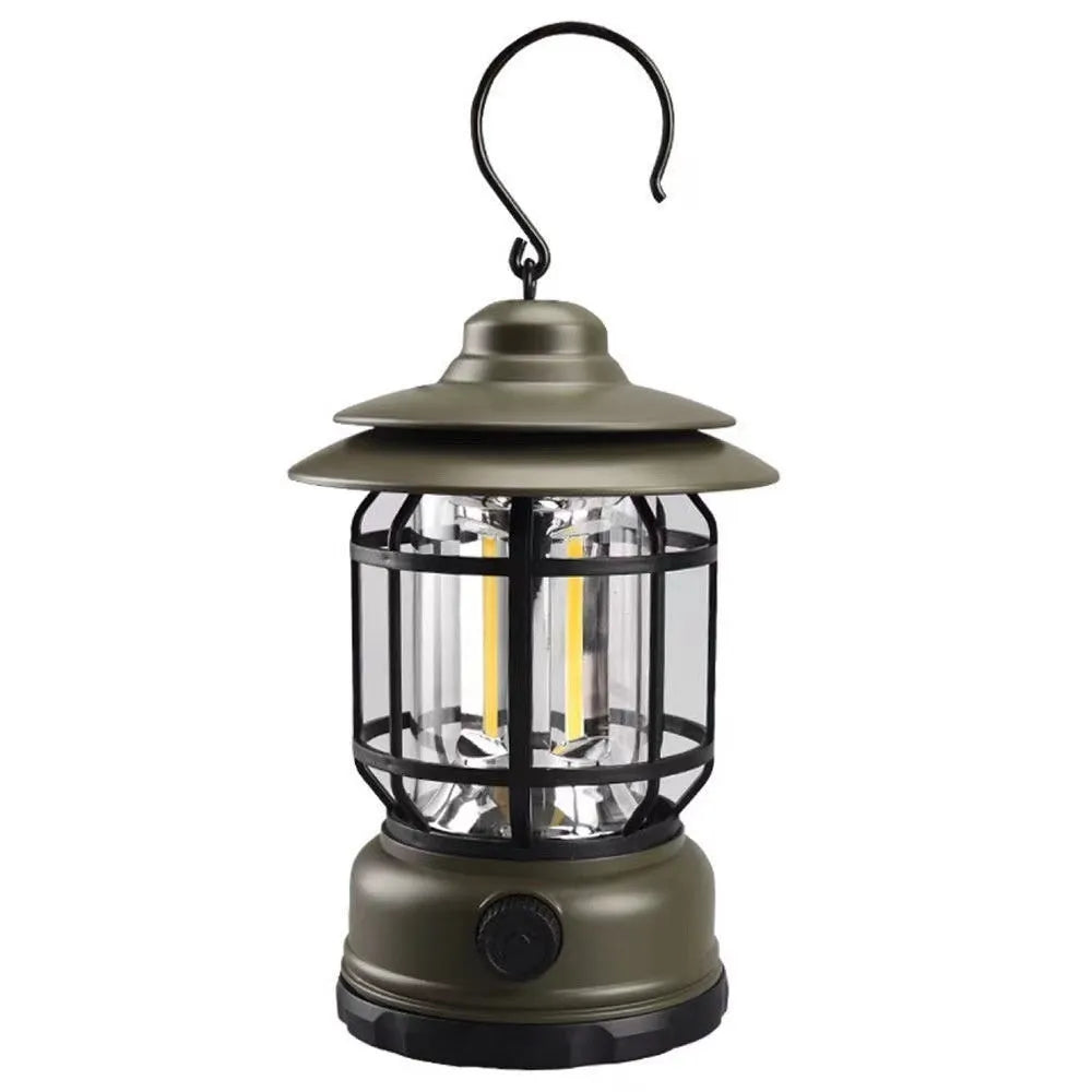 Dark green portable camping lantern with compact 16.6cm height and multiple power options