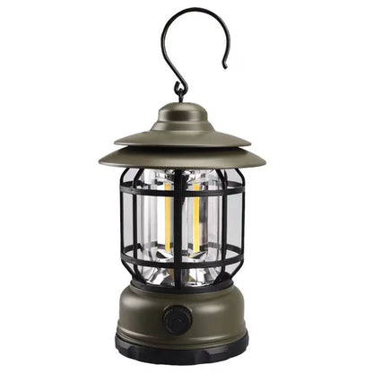 Dark green portable camping lantern with compact 16.6cm height and multiple power options