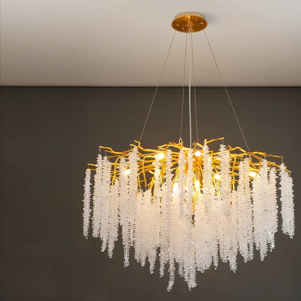 Villa crystal chandelier with adjustable height and LED lighting in multiple size options