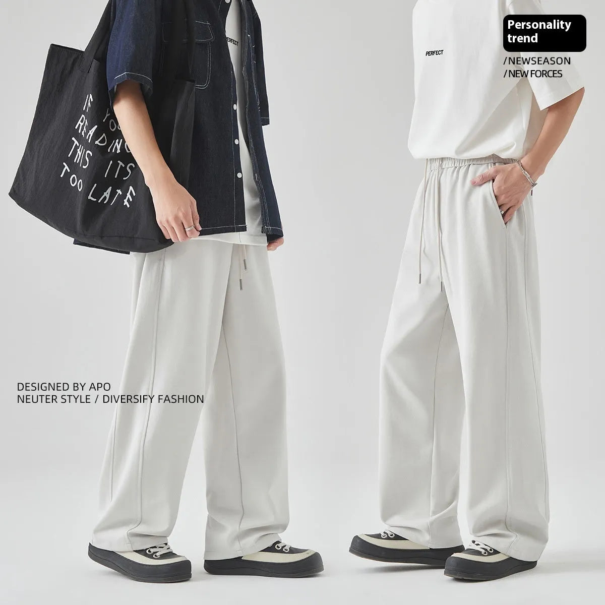 Men's grey cotton blend summer casual trousers with a high waist, straight leg, and front lace-up detail.