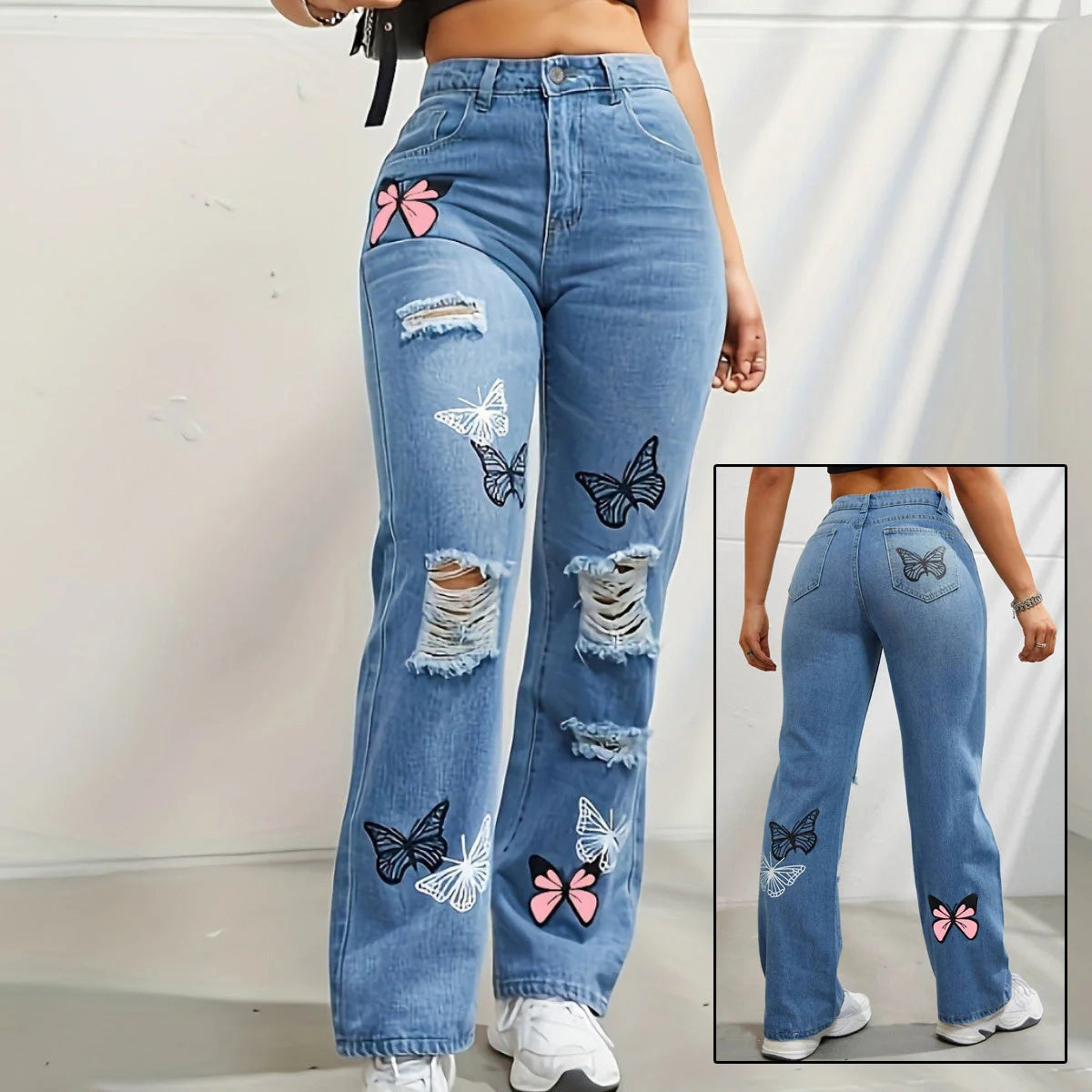 Women's high waisted straight leg jeans with butterfly print and distressed details