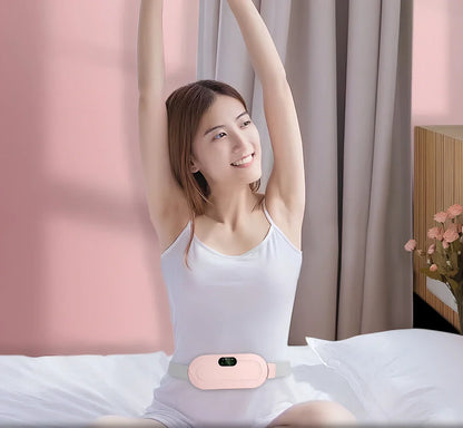 White electric heating belt with lumbar support showing USB connection and control buttons