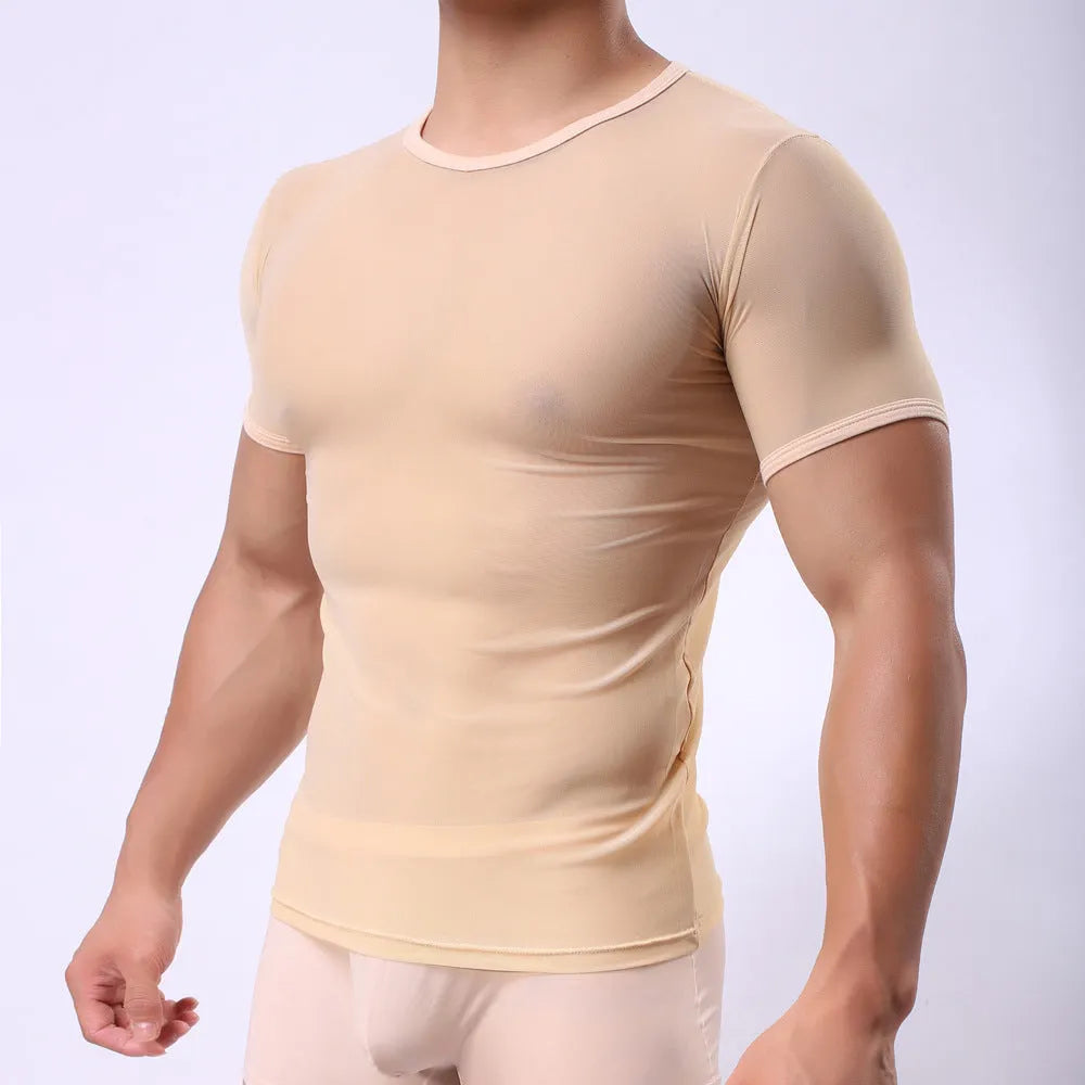 Men's slim fit solid colour mesh t-shirt in black, shown front-on.