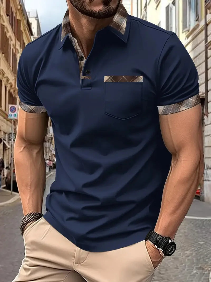 Men's short sleeve plaid colourblock t-shirt with zipper decoration in various colours and sizes