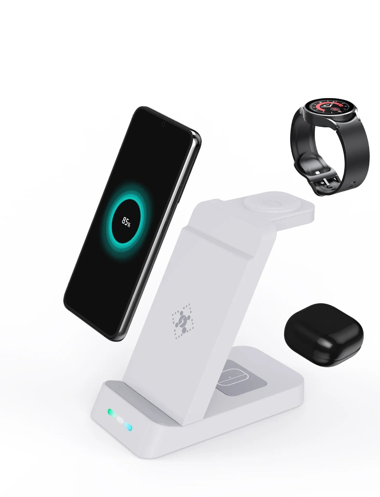Black and white wireless 3-in-1 charger with phone stand, charging phone, AirPods, and iWatch on desk