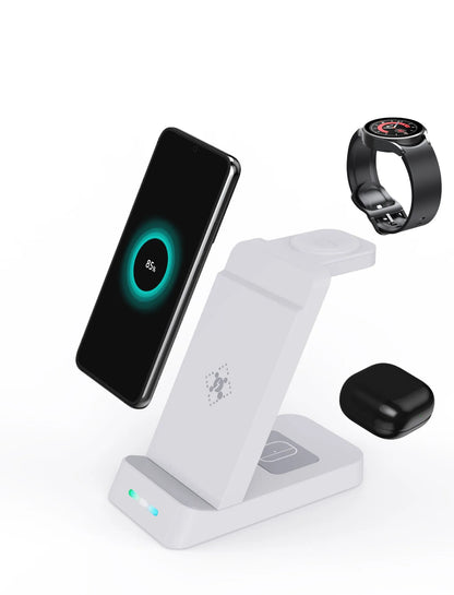 Black and white wireless 3-in-1 charger with phone stand, charging phone, AirPods, and iWatch on desk